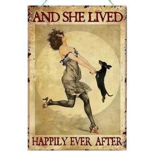 Wooden Wall Decor Vintage Look-And She Lived Happily Ever After-Joyful Woman Dog